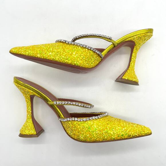 AMINA MUADDI Glitter Gilda Heeled Mule Women 8 Yellow Rhinstone Strap Pointy Toe - Picture 6 of 16